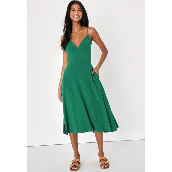 Lulus Warm Afternoons Green Linen Tie Back Midi Dress With Pockets - Picture 1 of 11